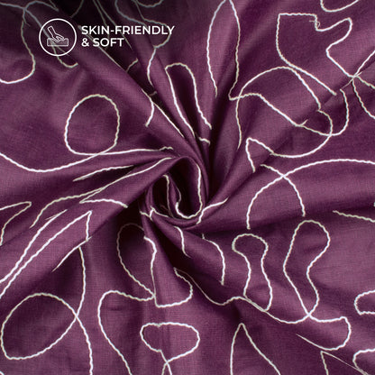 Wine Purple Embroidery Threadwork Plain Blend Cotton Slub Fabric
