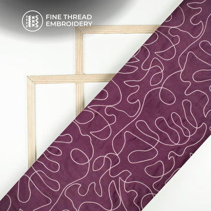 Wine Purple Embroidery Threadwork Plain Blend Cotton Slub Fabric