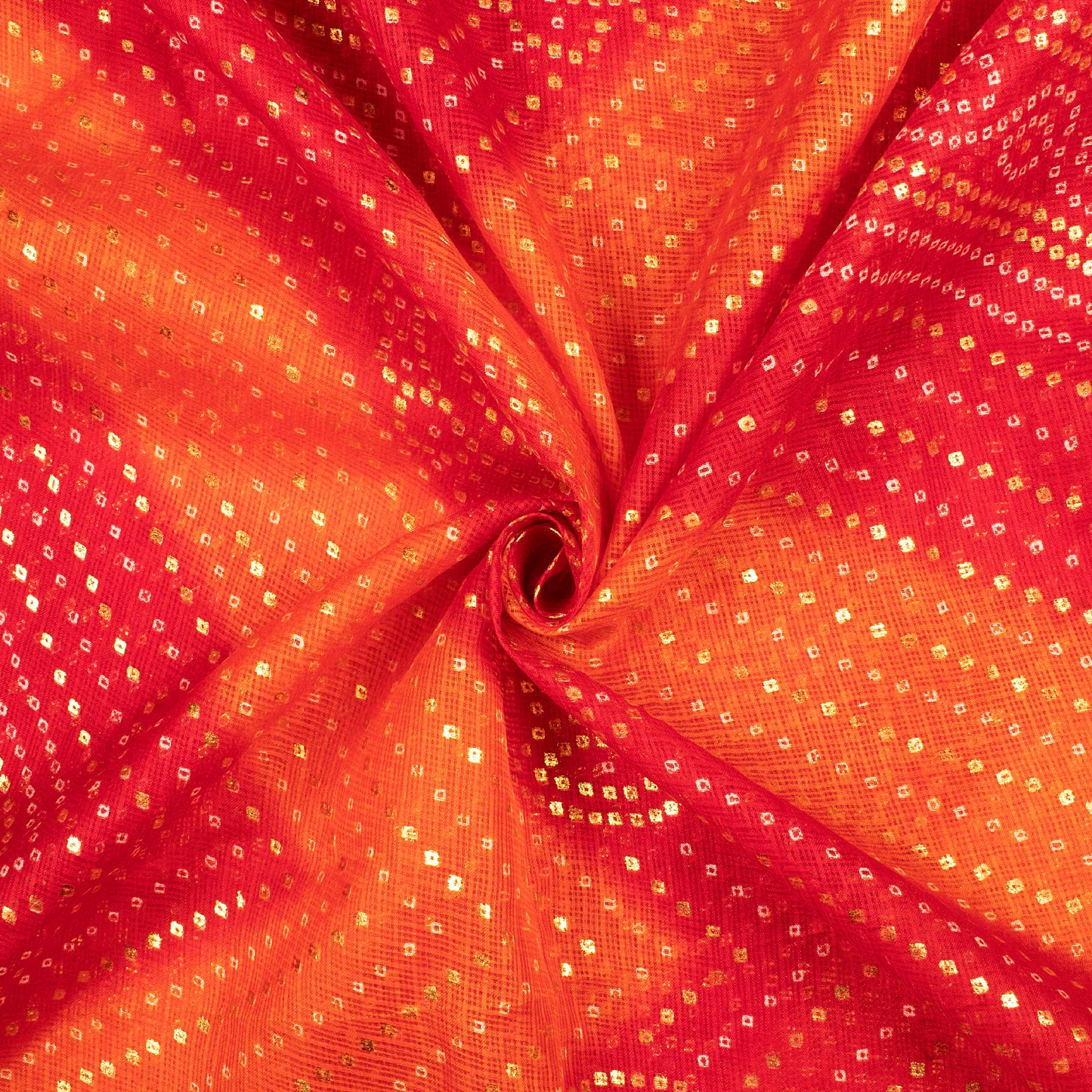 Tangerine Orange And Red Bandhani Pattern Foil Print Kota Doria Fabric