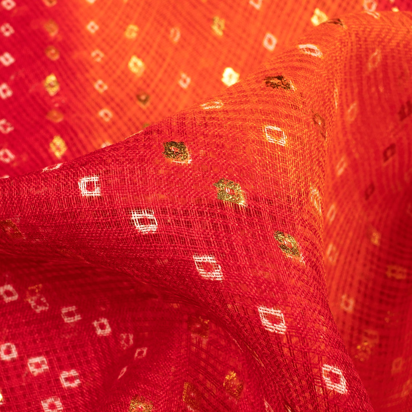 Tangerine Orange And Red Bandhani Pattern Foil Print Kota Doria Fabric