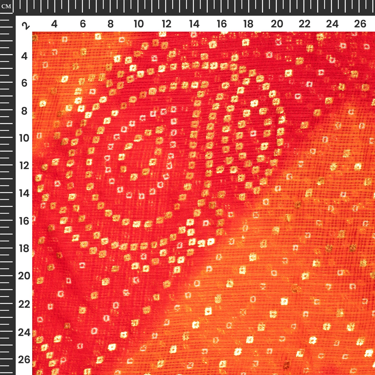 Tangerine Orange And Red Bandhani Pattern Foil Print Kota Doria Fabric