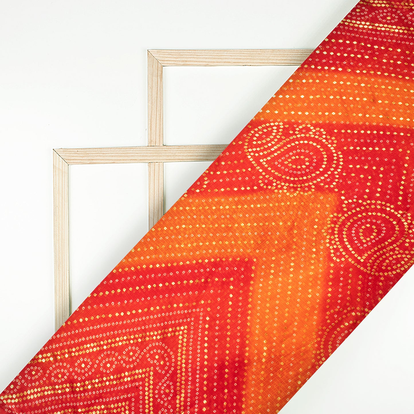 Tangerine Orange And Red Bandhani Pattern Foil Print Kota Doria Fabric