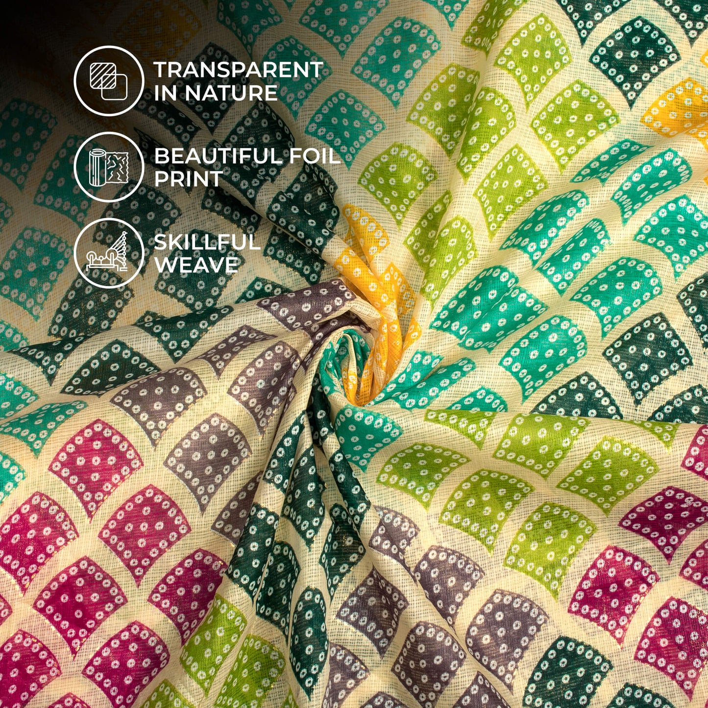 Beige And Pine Green Bandhani Pattern Foil Print Kota Doria Fabric