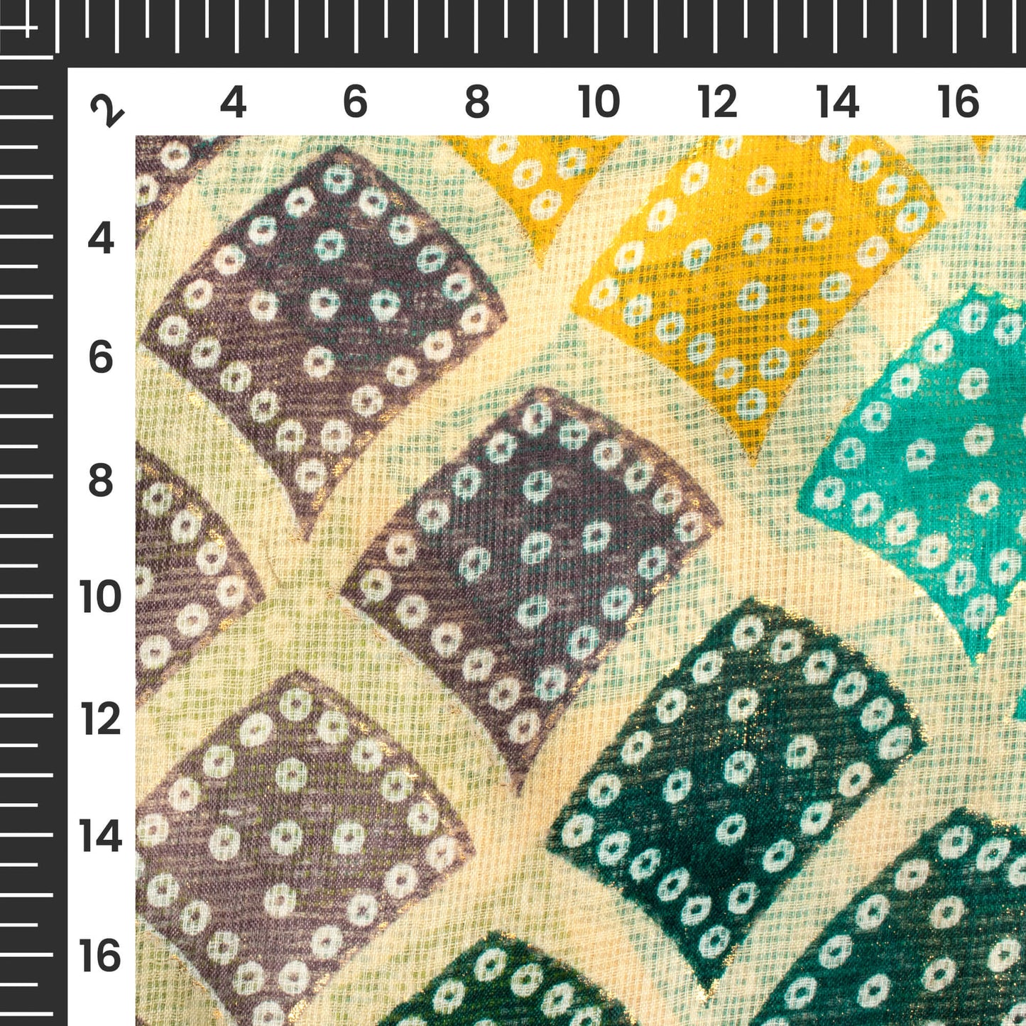 Beige And Pine Green Bandhani Pattern Foil Print Kota Doria Fabric