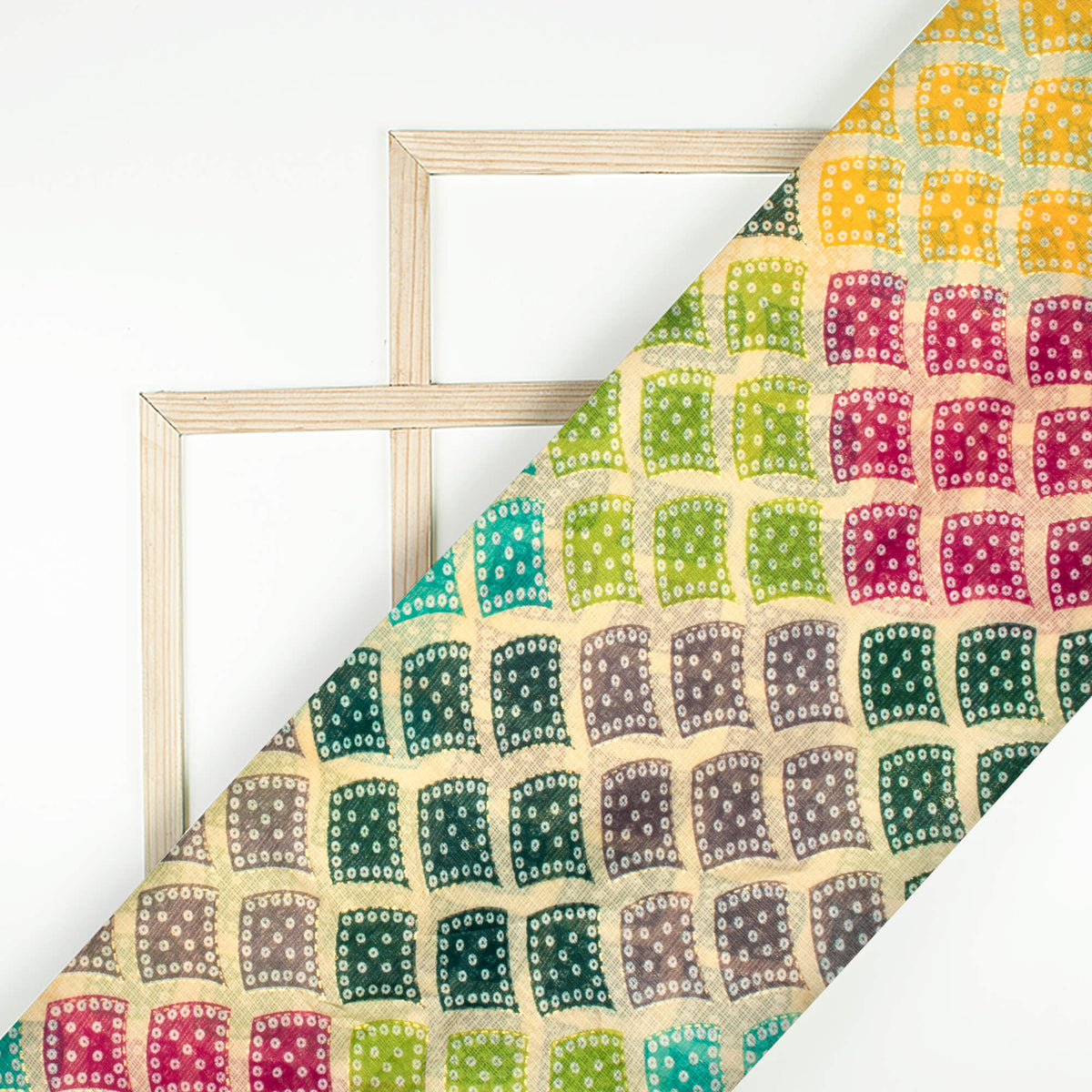 Beige And Pine Green Bandhani Pattern Foil Print Kota Doria Fabric