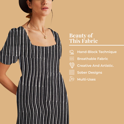 Monochrome Stripes Pattern Handblock Cotton Fabric