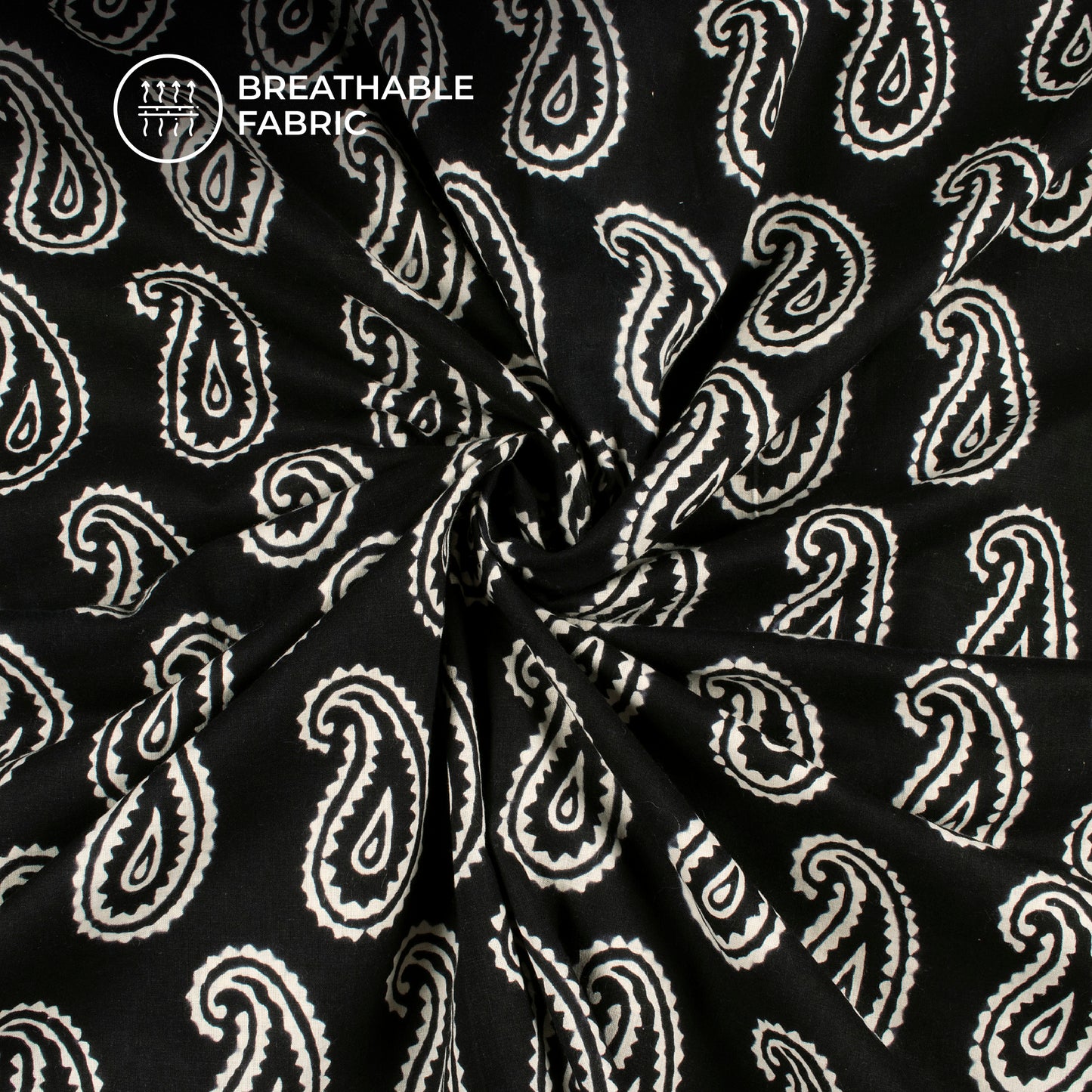 Monochrome Paisley Handblock Cotton Fabric