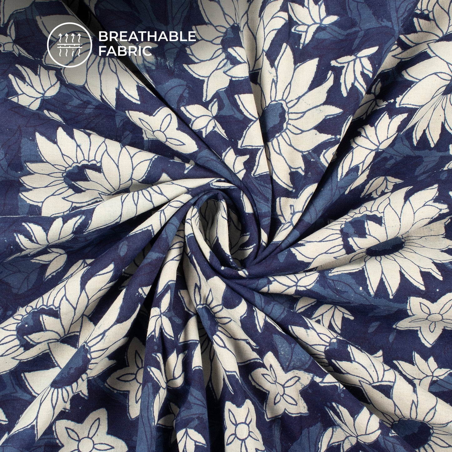 Indigo Floral Handblock Pure Cotton Fabric