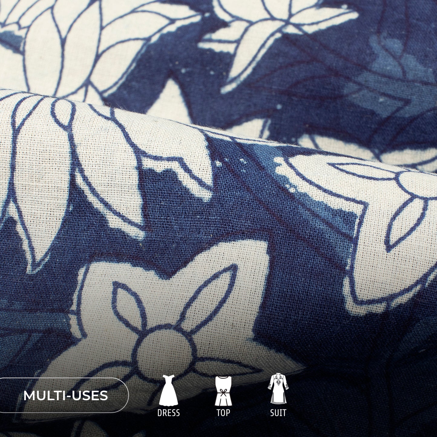 Indigo Floral Handblock Pure Cotton Fabric