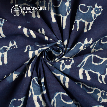 Indigo Quirky Handblock Pure Cotton Fabric