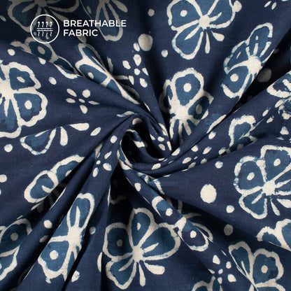 Indigo Floral Handblock Pure Cotton Fabric