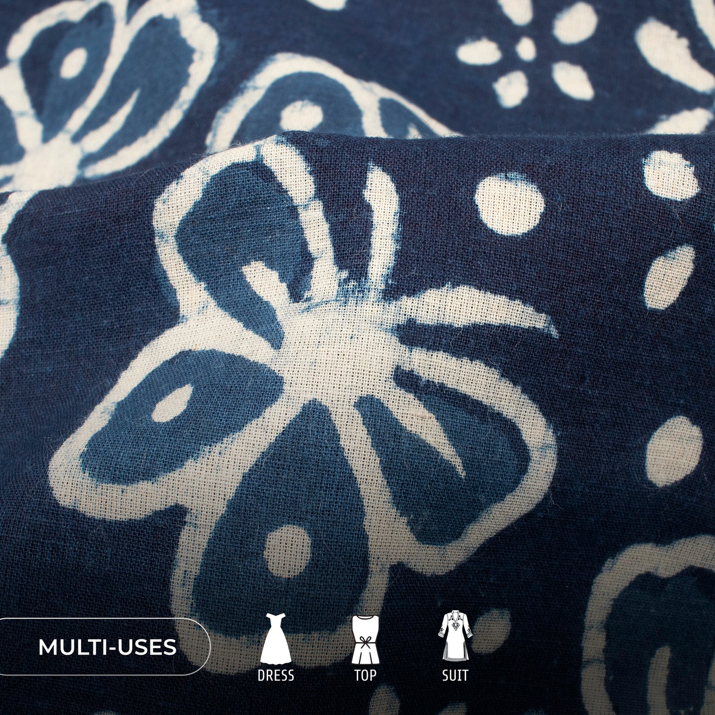 Indigo Floral Handblock Pure Cotton Fabric