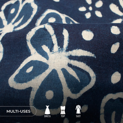 Indigo Floral Handblock Pure Cotton Fabric