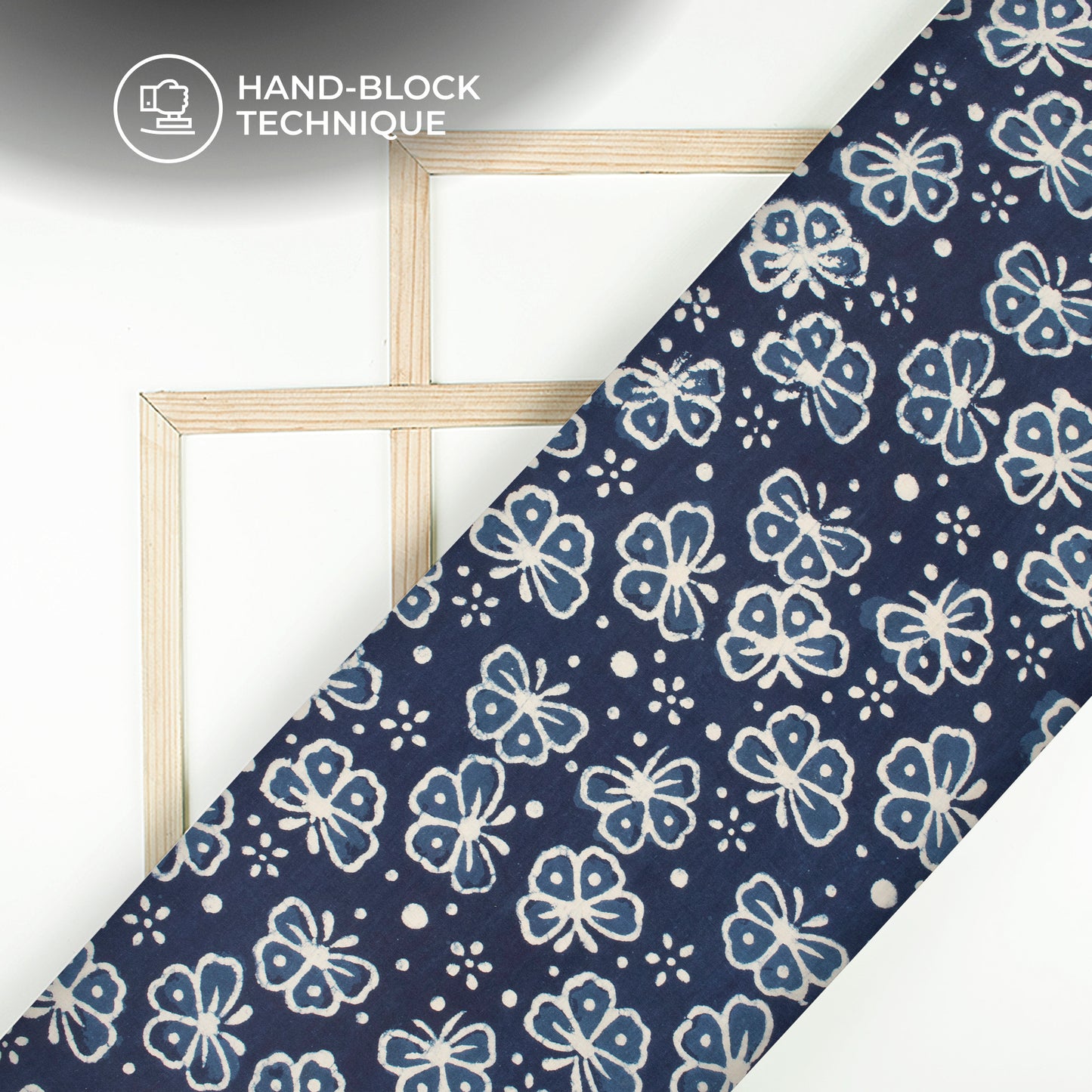 Indigo Floral Handblock Pure Cotton Fabric