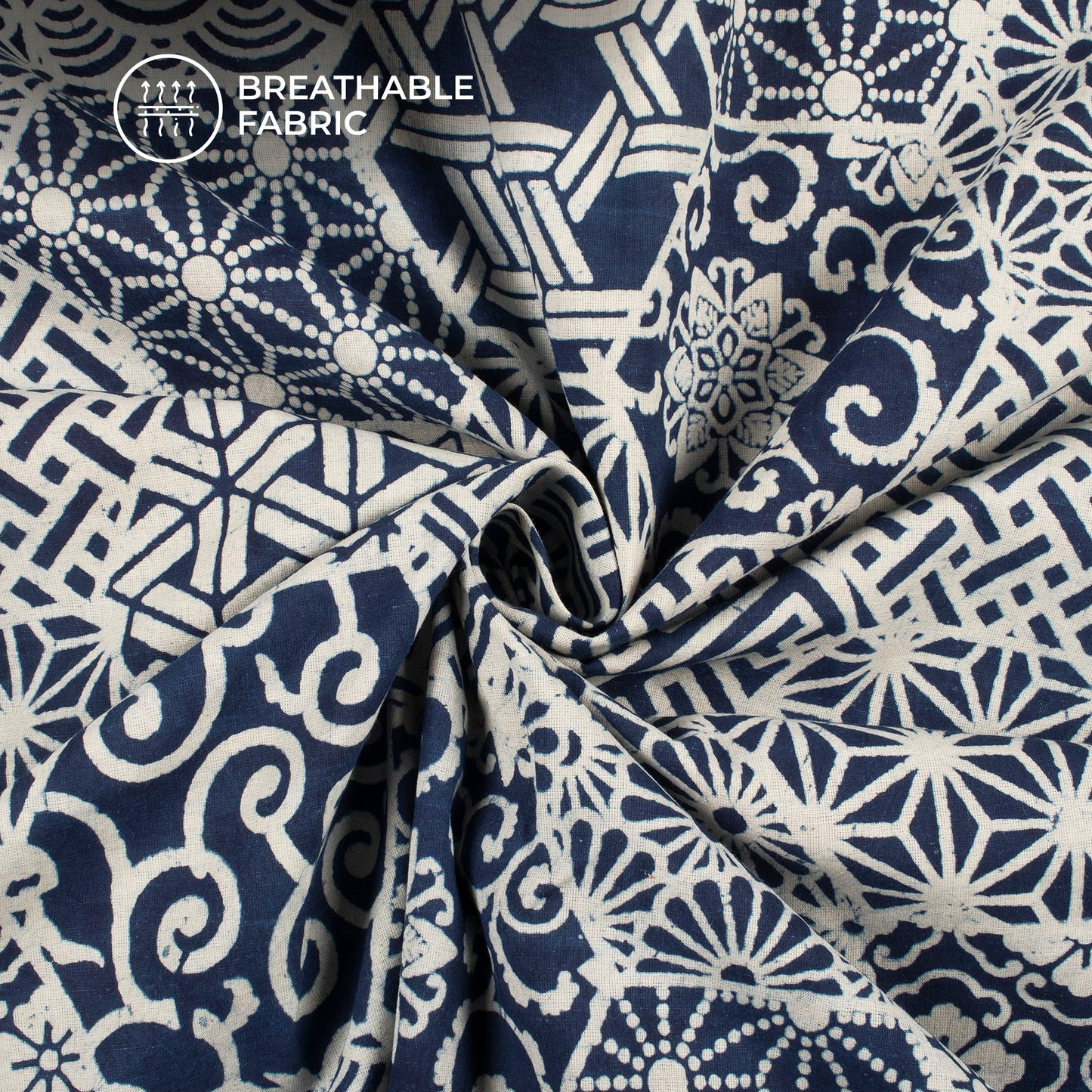 Indigo Geometric Handblock Pure Cotton Fabric