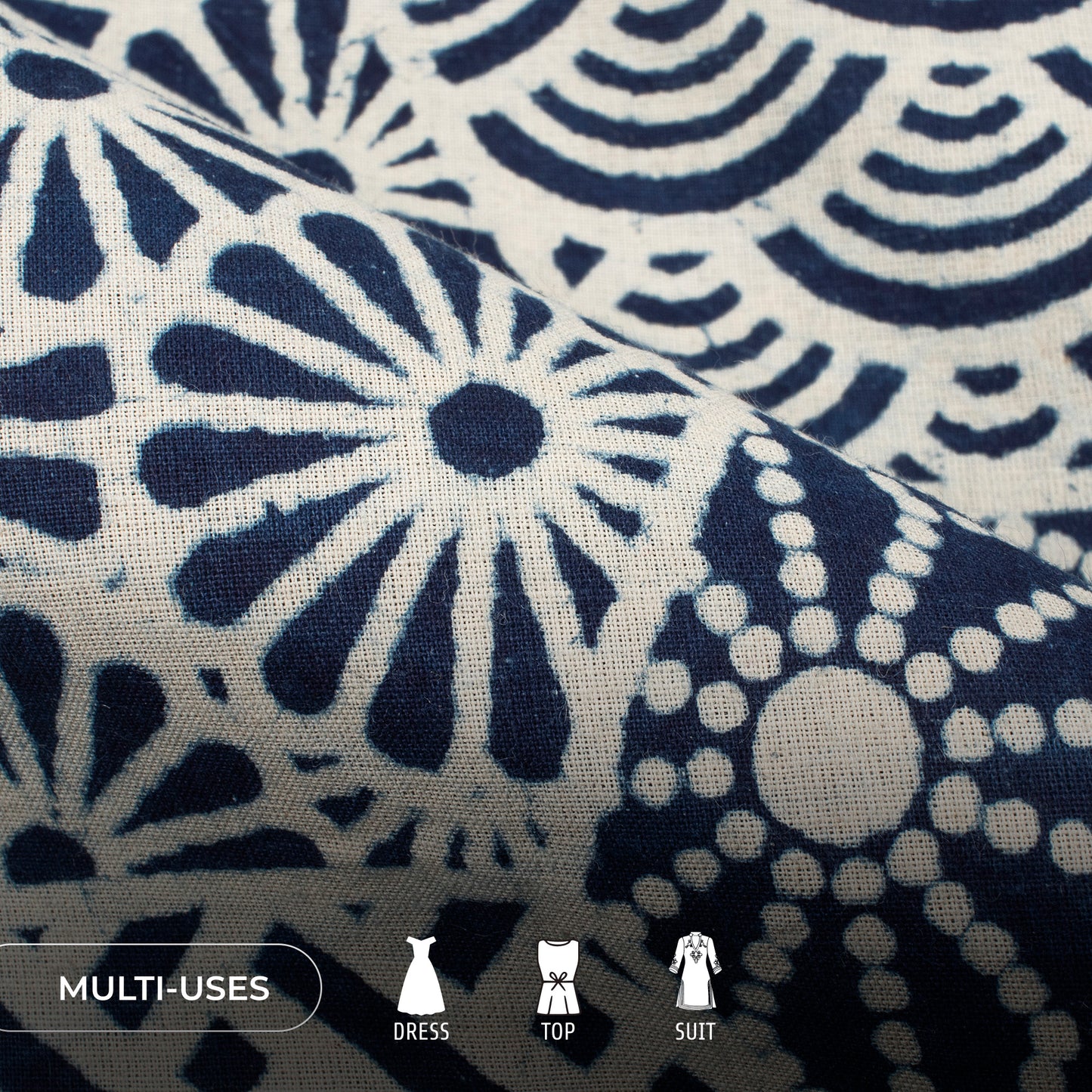 Indigo Geometric Handblock Pure Cotton Fabric