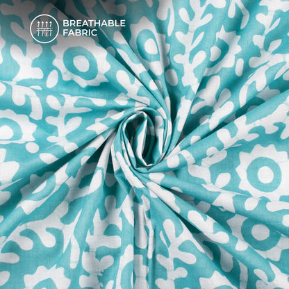 Turquoise Blue Floral Handblock Pure Cotton Fabric
