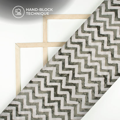 Gray Green Chevron Handblock Pure Cotton Fabric