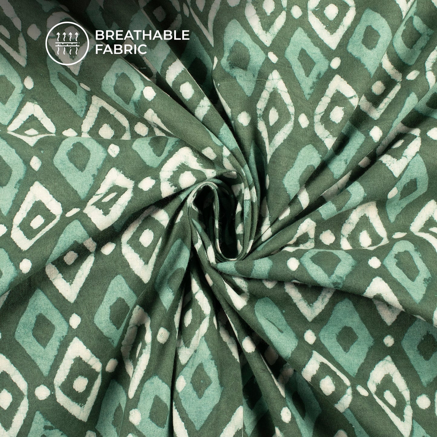 Green Abstract Handblock Pure Cotton Fabric