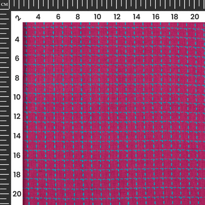 Magenta Pink And Blue Checks Dobby Handloom Cotton Fabric