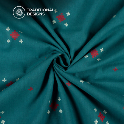 Prussian Blue And Red Thread Butta Handloom Cotton Fabric