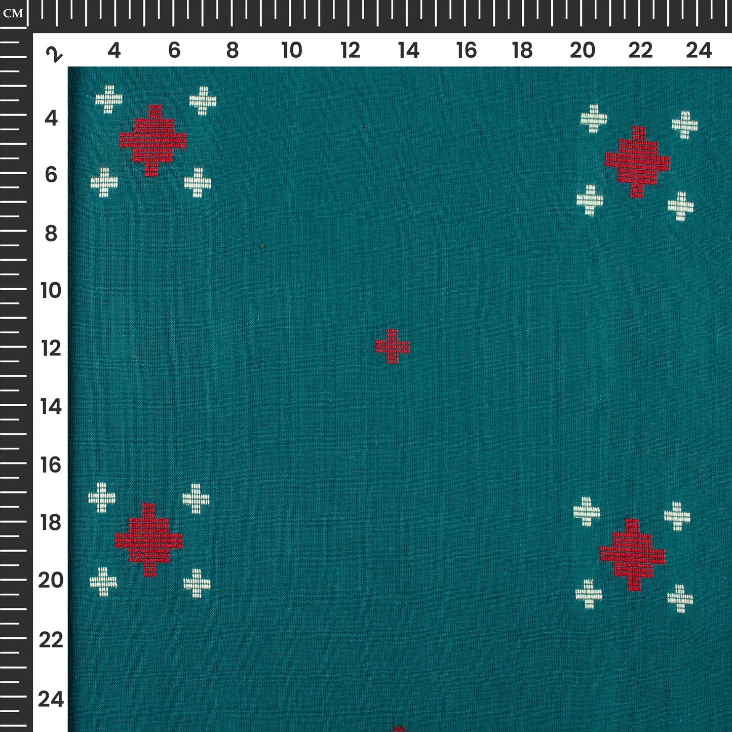 Prussian Blue And Red Thread Butta Handloom Cotton Fabric