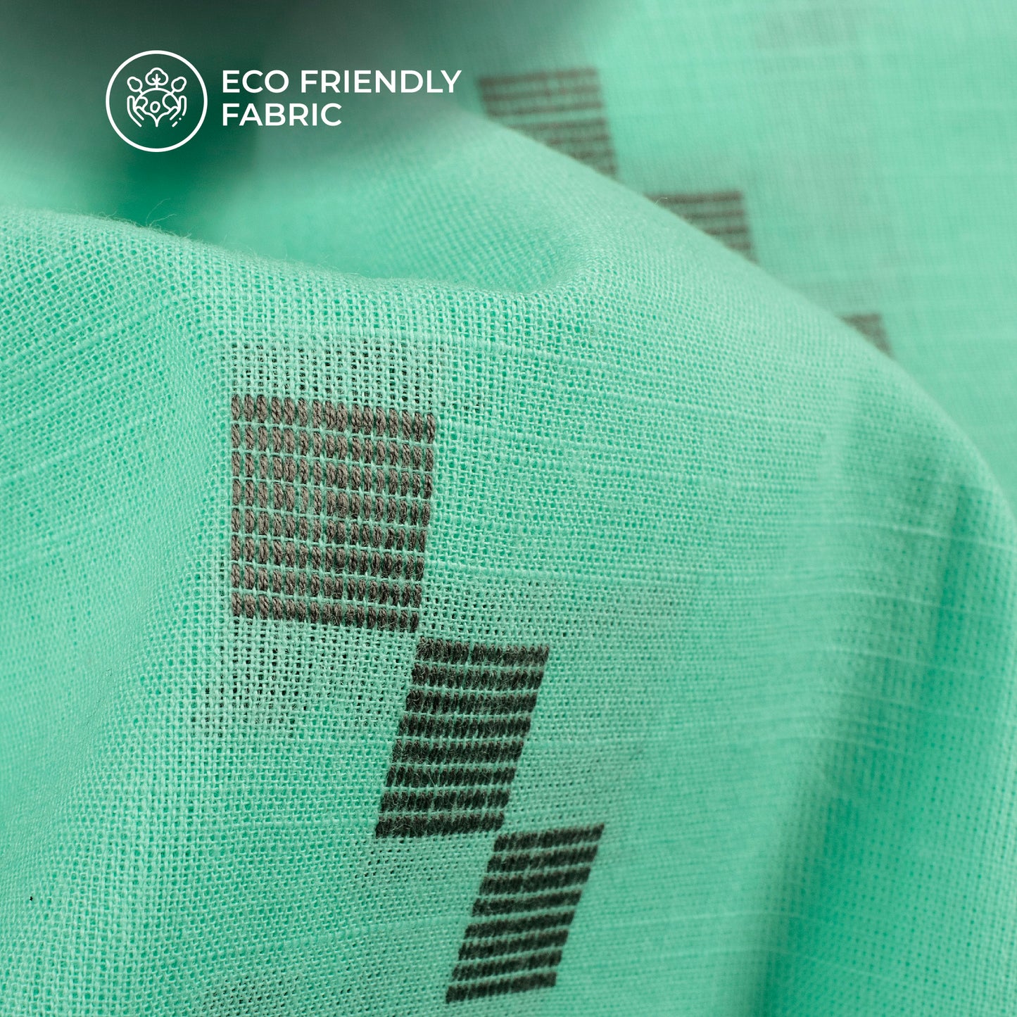 Mint Blue And Grey Thread Geometric Handloom Cotton Fabric