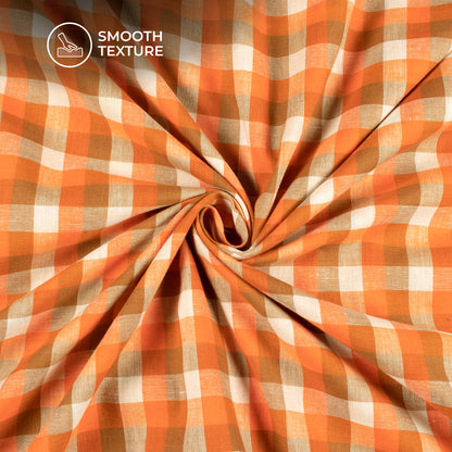 Orange And White Checked Handloom Cotton Fabric