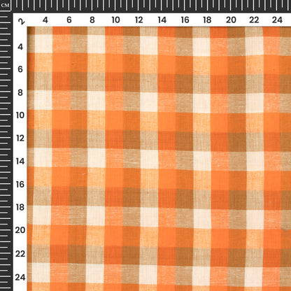 Orange And White Checked Handloom Cotton Fabric