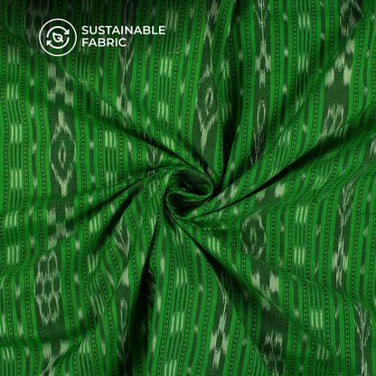 Forest Green Stripes Pattern Pre-Washed Sambhalpuri Ikat Cotton Fabric