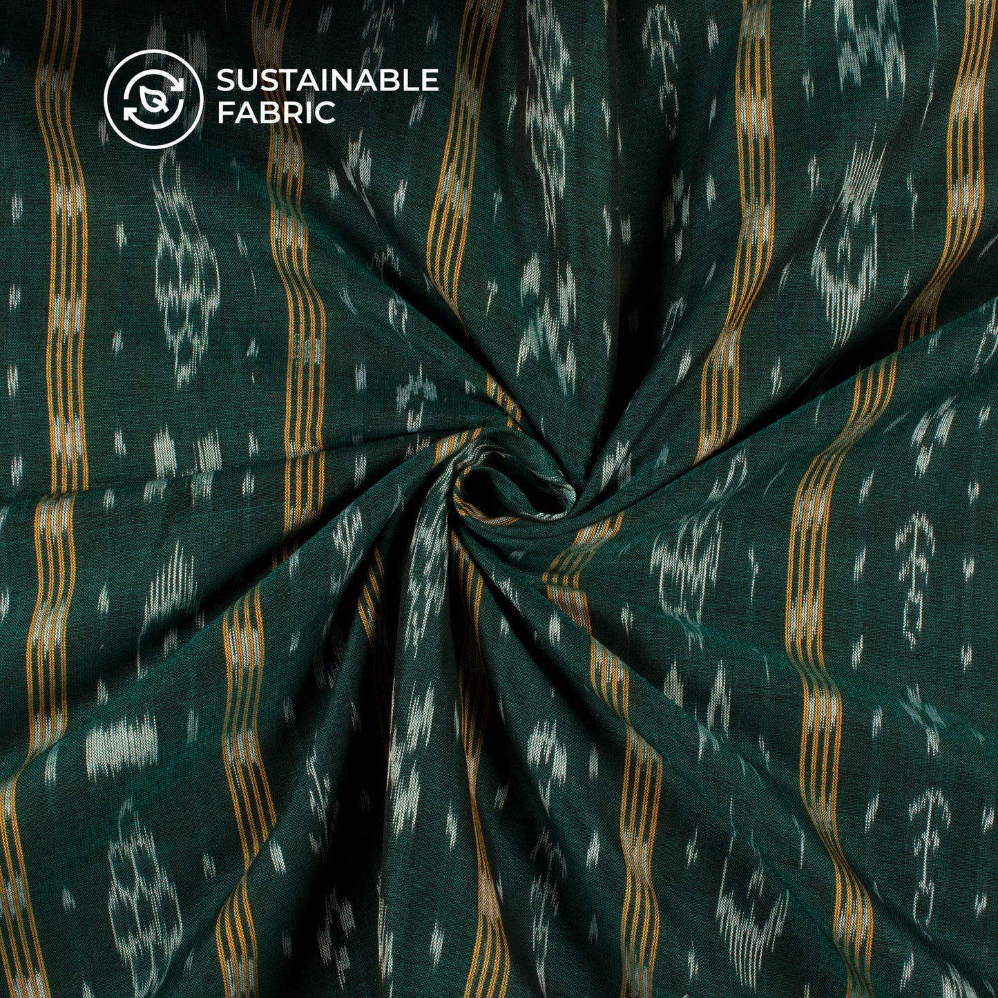 Bottle Green Stripes Pattern Pre-Washed Sambhalpuri Ikat Cotton Fabric