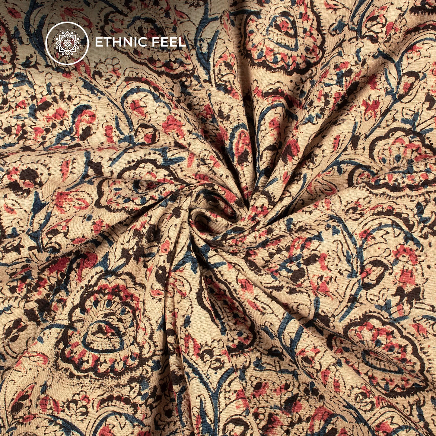 Sand Beige And Black Floral Kalamkari Cotton Fabric