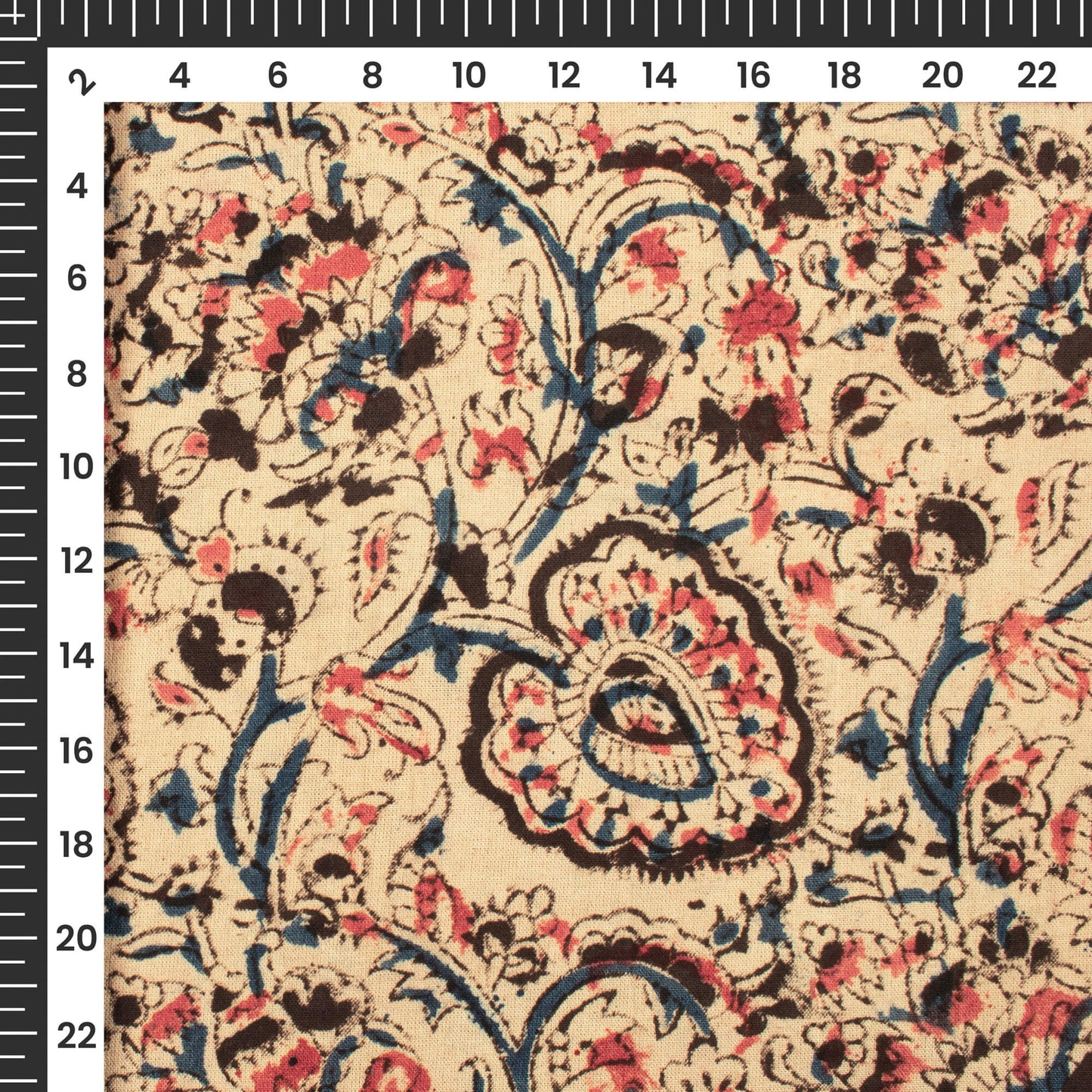 Sand Beige And Black Floral Kalamkari Cotton Fabric