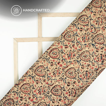 Sand Beige And Black Floral Kalamkari Cotton Fabric