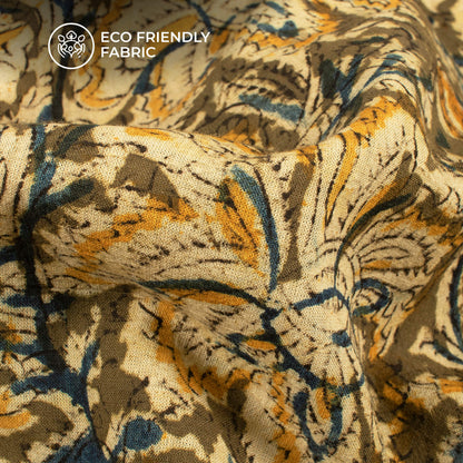 Army Green And Yellow Floral Kalamkari Cotton Fabric