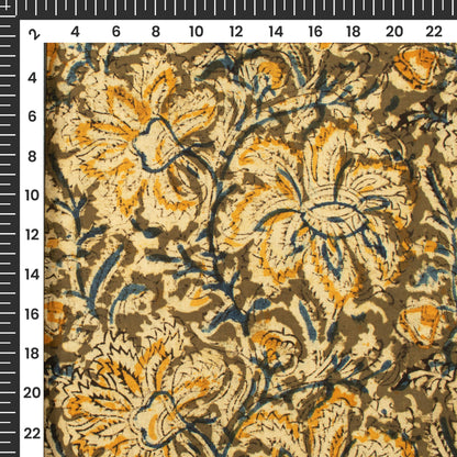 Army Green And Yellow Floral Kalamkari Cotton Fabric