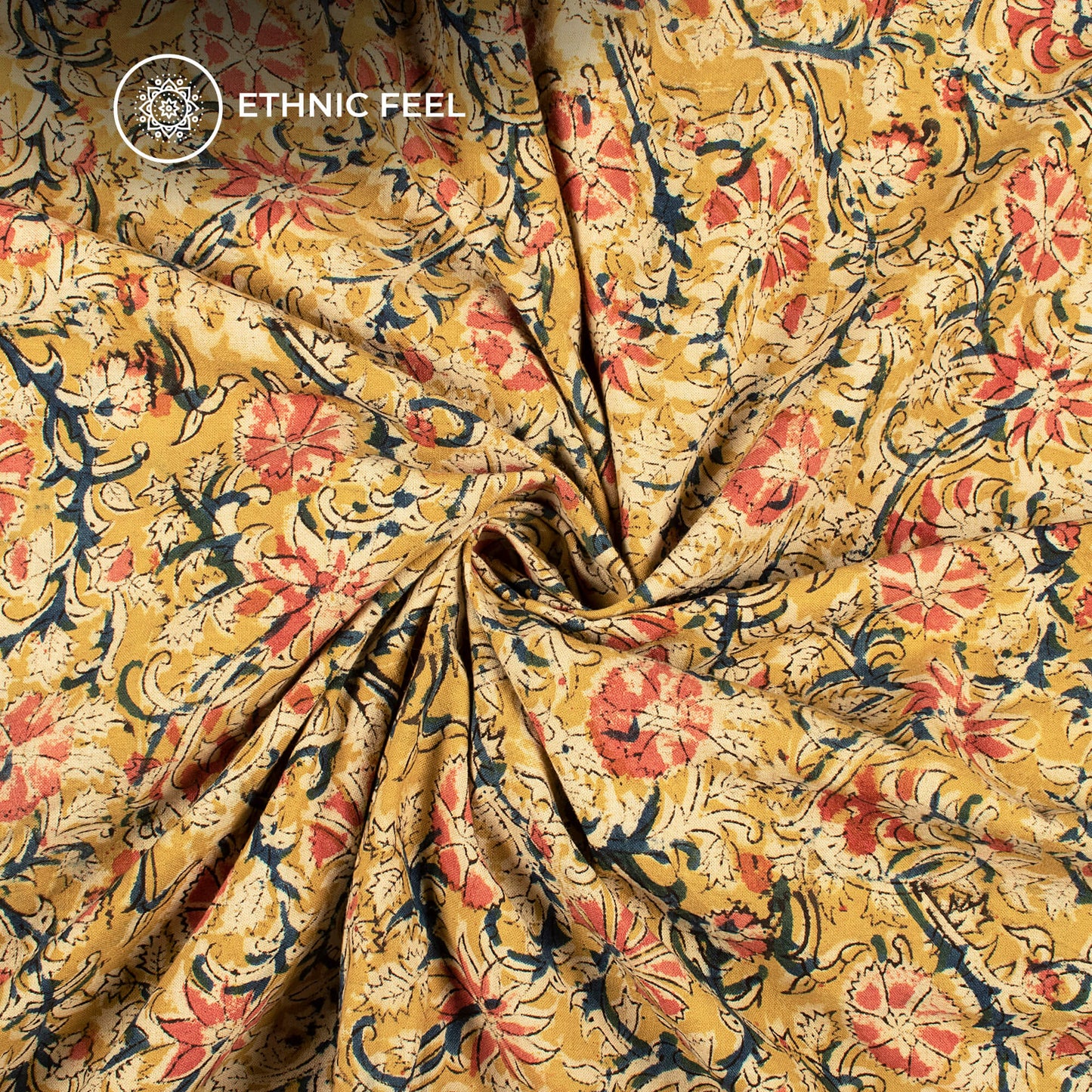 Corn Yellow And Pink Floral Kalamkari Cotton Fabric