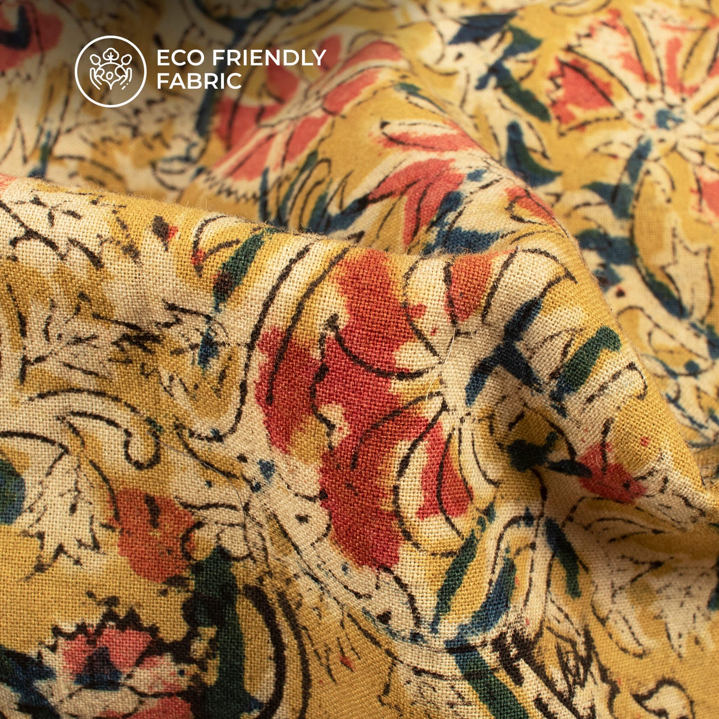 Corn Yellow And Pink Floral Kalamkari Cotton Fabric