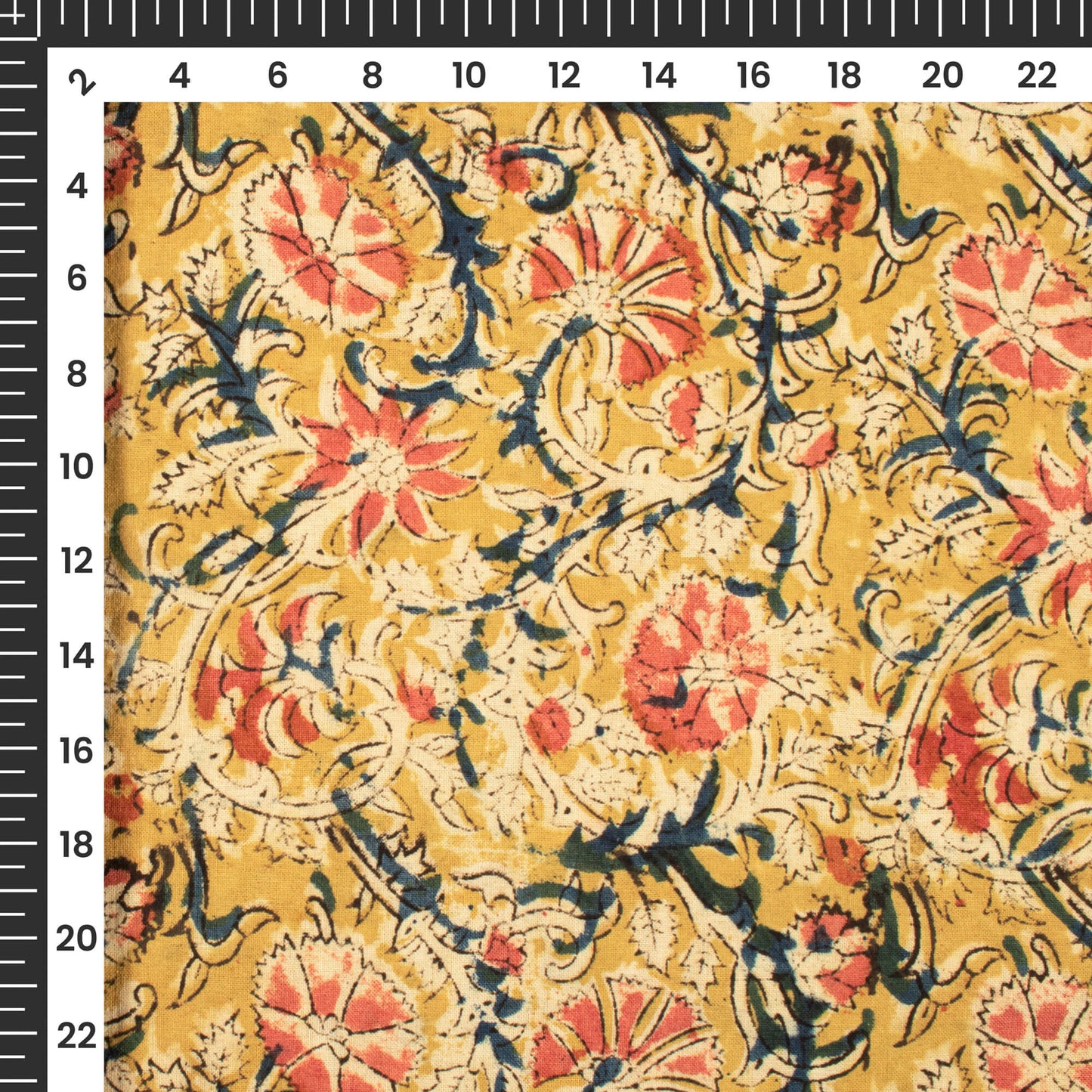 Corn Yellow And Pink Floral Kalamkari Cotton Fabric