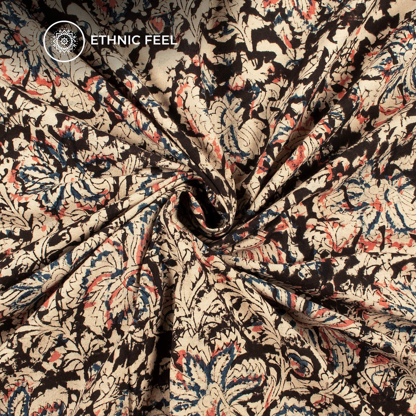 Black And Peach Floral Kalamkari Cotton Fabric