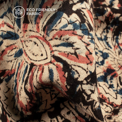 Black And Peach Floral Kalamkari Cotton Fabric