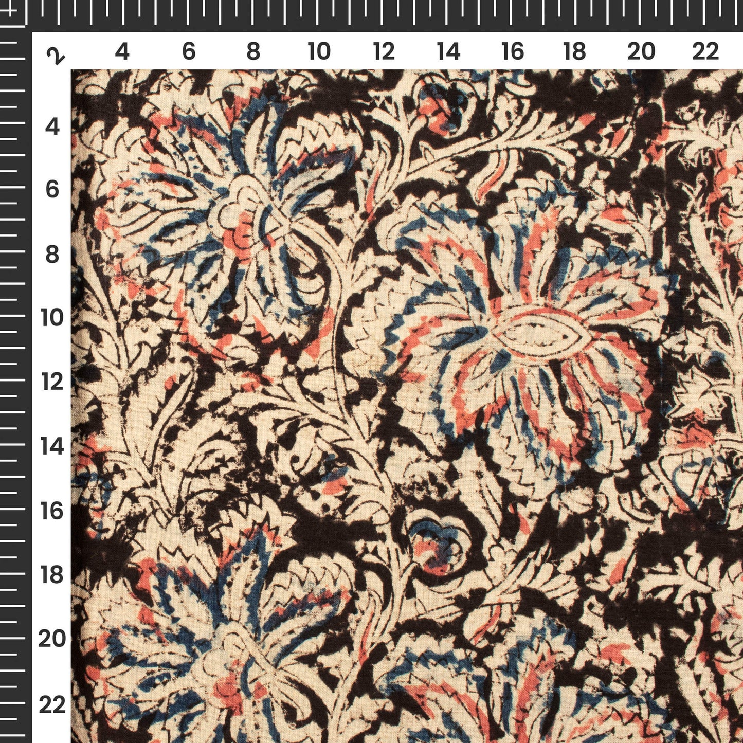 Black And Peach Floral Kalamkari Cotton Fabric