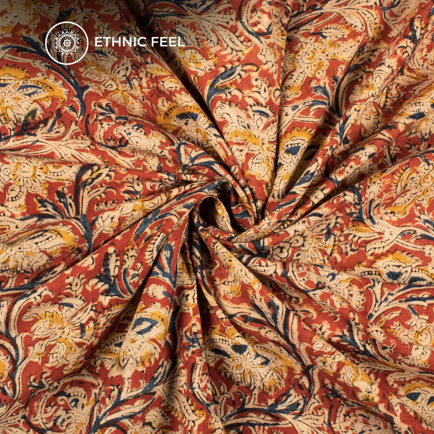 Brick Red And Beige Floral Kalamkari Cotton Fabric