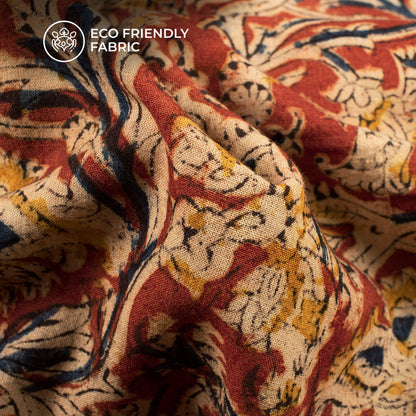 Brick Red And Beige Floral Kalamkari Cotton Fabric