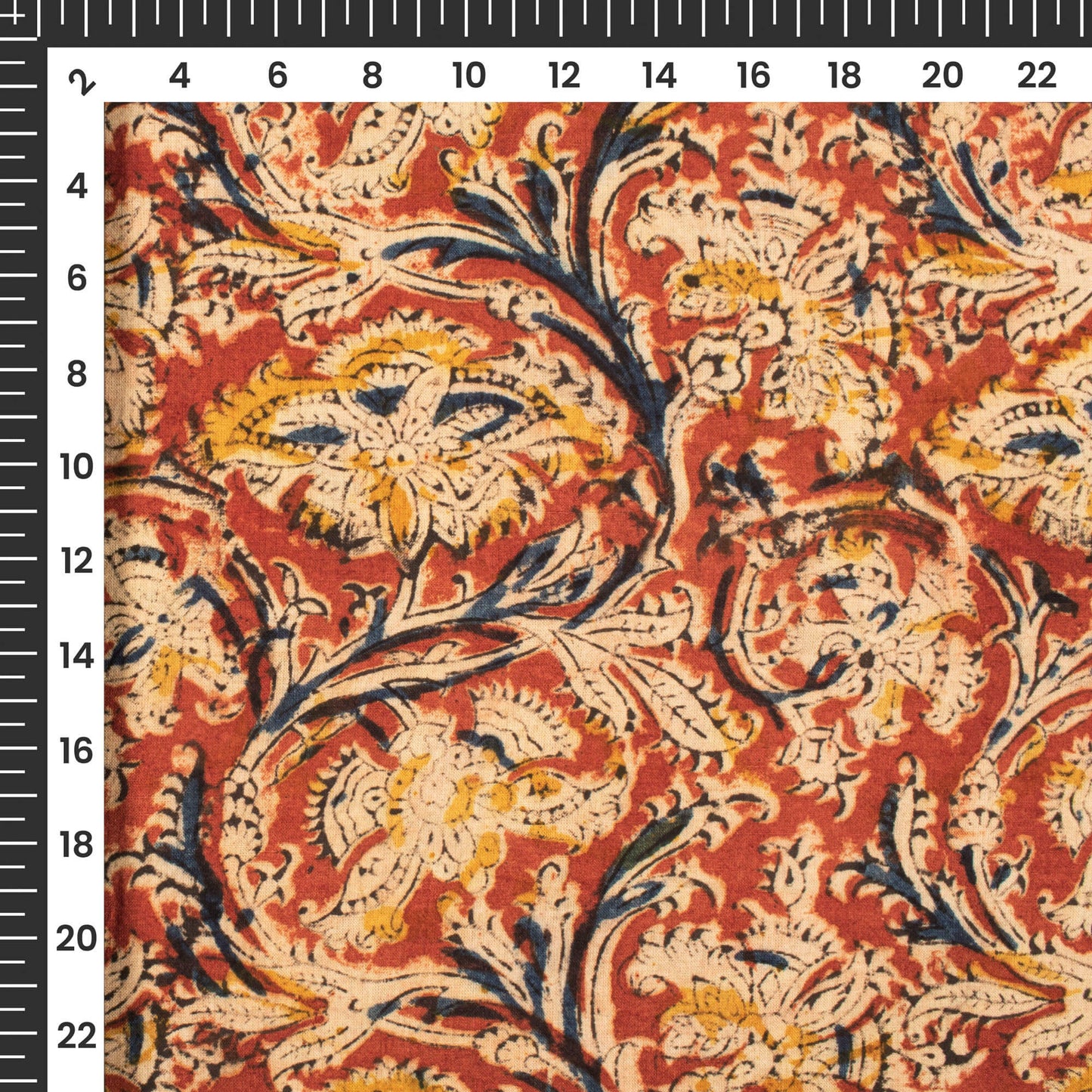 Brick Red And Beige Floral Kalamkari Cotton Fabric