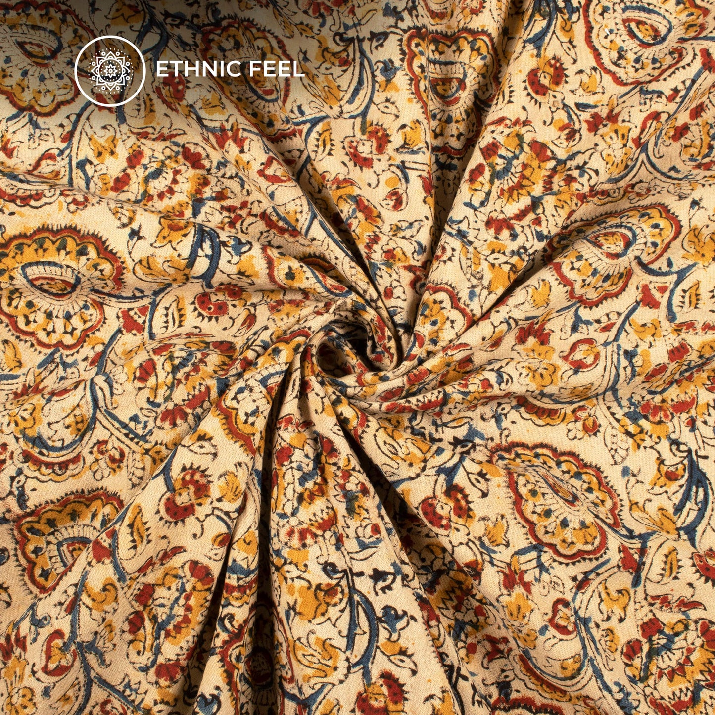 Gold Yellow And Beige Floral Kalamkari Cotton Fabric