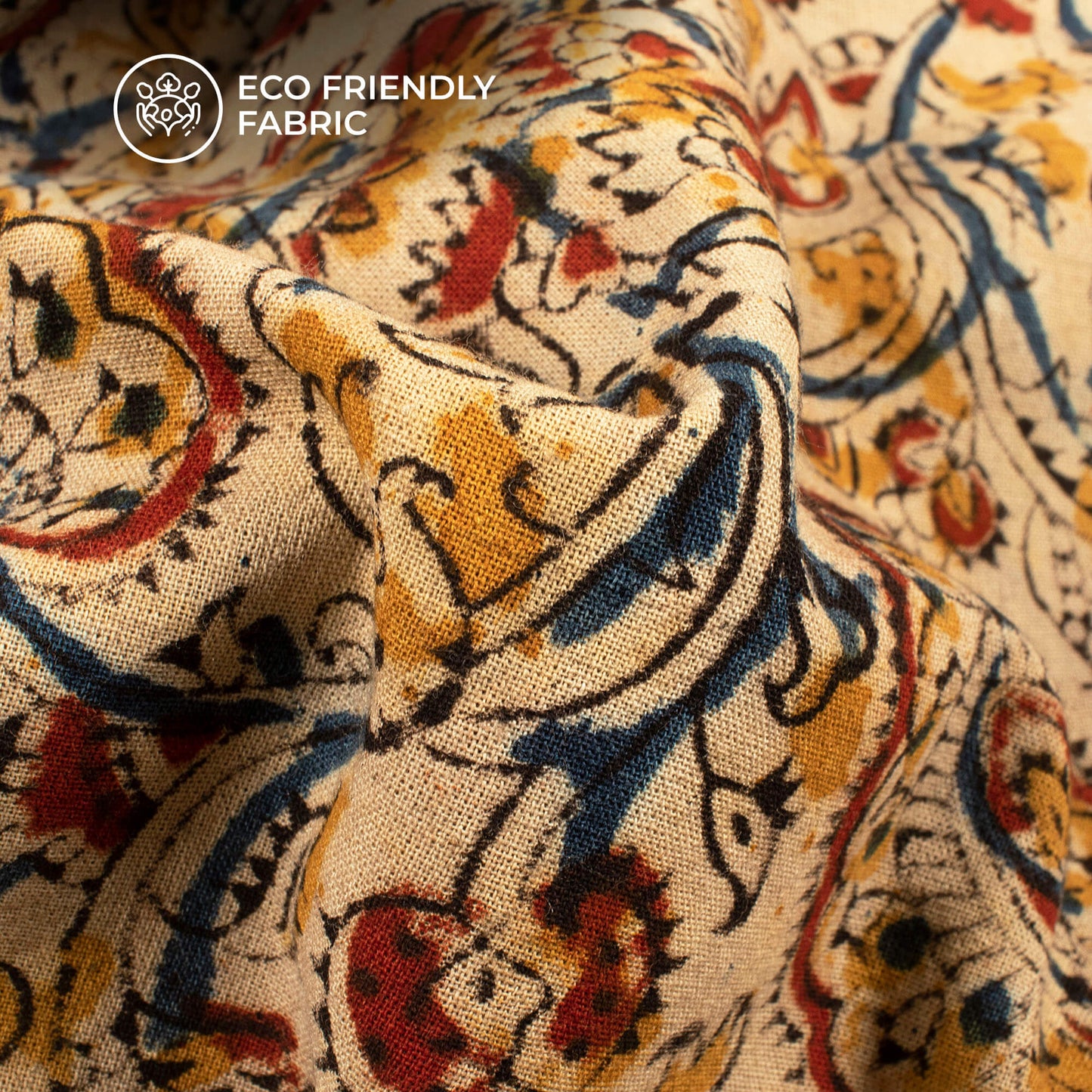 Gold Yellow And Beige Floral Kalamkari Cotton Fabric