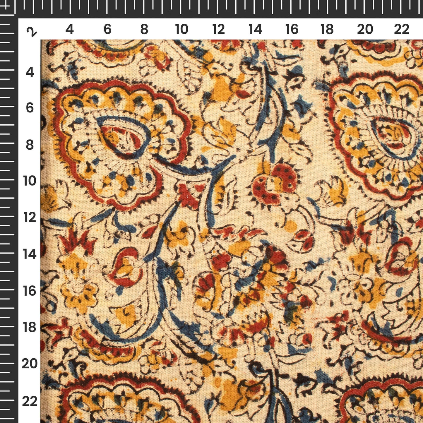 Gold Yellow And Beige Floral Kalamkari Cotton Fabric