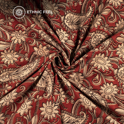 Sangria Red And Beige Floral Kalamkari Cotton Fabric
