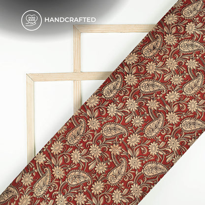 Sangria Red And Beige Floral Kalamkari Cotton Fabric